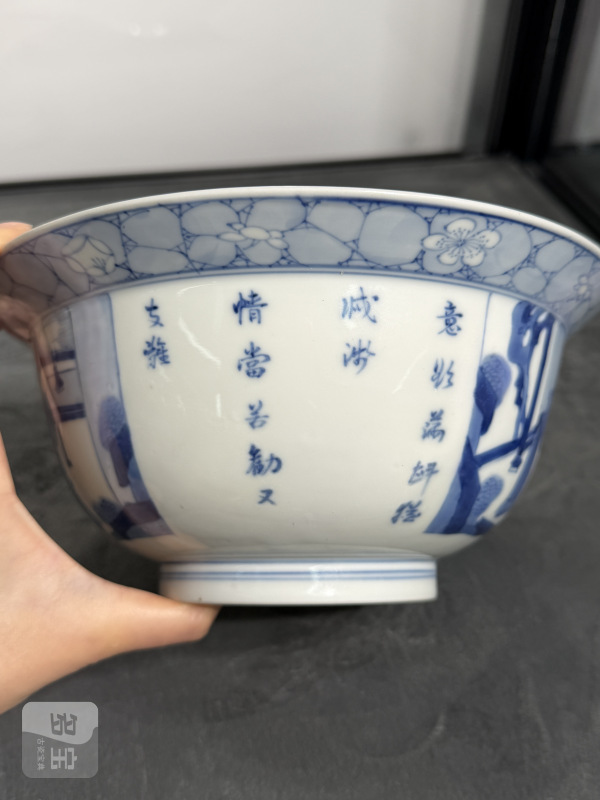 清康熙青花西厢记人物故事纹折沿碗 - 图6
